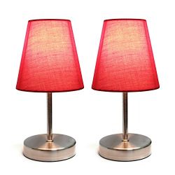 Simple Designs Home Sand Nickel Table Lamp with Fabric Shade Set, Red