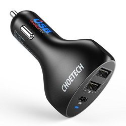 CHOETECH 3-Port USB Type C Car Charger with 18W Rapid Charge Power Delivery