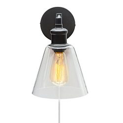 Globe Electric LeClair 1-Light Plug-In or Hardwire Industrial Wall Sconce, Dark Bronze Finish, On/Off Rotary Switch on Canopy, 6 Foot Clear Cord