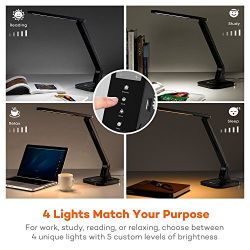 TaoTronics LED Desk Lamp with USB Charging Port, 4 Lighting Modes with 5 Brightness Levels, 1h Timer, Touch Control, Memory Function, Black, 14W, Official Member of Philips EnabLED Licensing Program