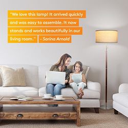 LED Mid Century Floor Lamp - Modern Walnut Wood Standing Pole Light with Alexa Compatibility