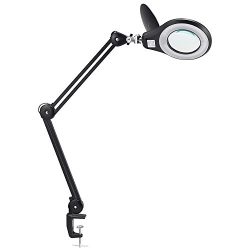 LED Magnifying Lamp, PHIVE Daylight Bright Magnifier Desk Lamp, Dimmable Task Lamp with Clamp, 5 Diopter, 5" Diameter Lens, Highly Adjustable Swing Arm Craft, Workbench, Drafting, Work Light