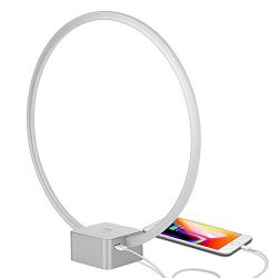 Brightech Circle - LED Modern Bedroom Nightstand Lamp - Super Bright Bedside Table Reading Light, Dimmable To Night Light - Great On Side & End Tables - USB Port - Titanium Silver