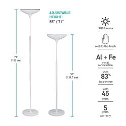 Globe Electric 12783 LED Floor Lamp Torchiere, Energy Star Certified, Dimmable Super Bright, 43W, 3000 Lumens, 1 x 43W Integrated LED, 12.99" x 12.99" x 70.9", White Satin Finish