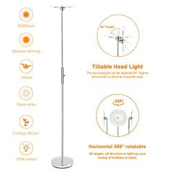 SUNLLIPE Floor Lamp LED Reading Light 90° Top Adjustable 18 W 70.8 inch Acrylic Shade Compatible with Wall Switch Dimmable Standing Pole Uplight for Living Room, Bedroom Warm White (Satin Nickel)