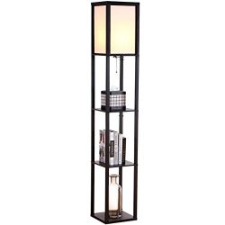 Brightech - Maxwell LED Shelf Floor Lamp - Asian Wooden Frame with Open Box Display Shelves - Alexa Compatible, Modern Standing Light for Living Rooms & Bedrooms - Black
