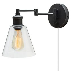 Globe Electric LeClair 1-Light Plug-In or Hardwire Industrial Wall Sconce, Dark Bronze Finish, On/Off Rotary Switch on Canopy, 6 Foot Clear Cord