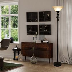 Light Accents Floor Lamp 70" Tall - Traditional Iron Scrollwork Bronze Floor Lamp with Amber Glass Shade