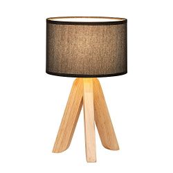 HAITRAL Creative Table Lamp with Triangle Wooden Support Black Flax Shade, Fashion Desk Lamp for Home Office