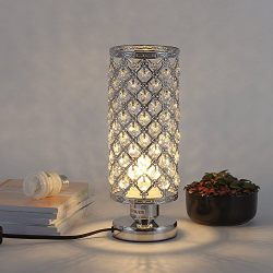 HAITRAL Crystal Table Lamp Modern Night Light Lamp with Metal Frame 110 Pcs Crystals Elegant Bedside Desk Lamp for Bedroom, Living Room, Dining Room Sliver