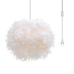 Surpars House Plug in Pendant Light White Feather Chandelier with 17' Cord and On/off Switch in Line