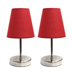 Simple Designs Home Sand Nickel Table Lamp with Fabric Shade Set, Red