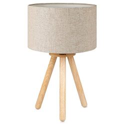 Tomons Wood Tripod Bedside Lamp, Simple Design with Soft Light for Bedroom Decorated in Warm and Cozy Ambience, Linen Lamp shade, Packaged with 4W LED Bulb, Warm White Light, 39cm High