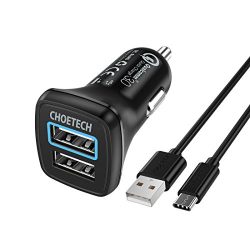 CHOETECH 30W Dual USB Car Charger for Apple iPhone X, iPhone 8, iPhone 8 Plus, Quick Charge 3.0 with Extra USB C Cable for Samsung Galaxy S9