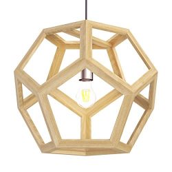 Tomons Hollow Design Wood Ceiling Pendant Lamp, Geometry Shape, E26/E27 Bulb Base, 60 Watts Incandescent Bulb, 12 Watts LED Bulb For Dining Room, Living Room, Bedroom, Study Room