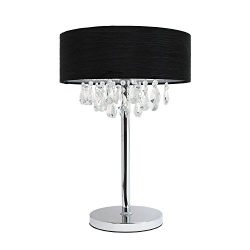 Elegant Designs Romazzino Crystal and Chrome Table Lamp with Ruched Fabric Drum Shade, Black