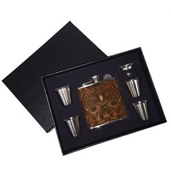 Sunshine Cases - Steampunk Owl Leather Liquor Whiskey Flask Gift Set