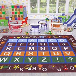 Ottomanson Jenny Collection Dark Red Frame with Multi Colors Kids Children's Educational Alphabet (Non-Slip) Area Rug, 5'0" X 6'6", Red