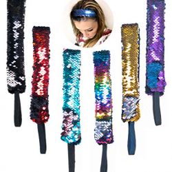 Hair Accessories for Girls and Women 6 PCs - Mermaid Sequin Sparkly Glitter Headbands with Elastic Cord - Reversible Color Changing Flip Sequins Wide Headband - Mermaid Party Favors – Party Supplies
