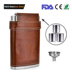GENNISSY Pocket Hip Flask 8 Oz with Funnel - Stainless Steel with Leather Wrapped Cover and 100% Leak Proof