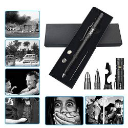 Tactical Pen Self Defense Tool for Survival Military Police Grade Badass EDC - Tactical Flashlight + Glass Breaker + Ballpoint Pen + Multi Tool - 2 Ink Cartridges + 3 Batteries - Gift Boxed