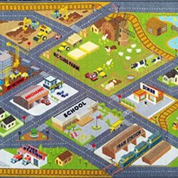 KC CUBS Playtime Collection Country Farm Road Map With Construction Site Educational Learning Area Rug Carpet For Kids and Children Bedroom and Playroom (3' 3" x 4' 7")