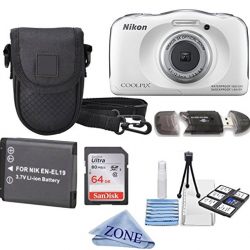 Nikon COOLPIX S33 White Waterproof Digital Camera + Extra Battery, 64GB Memory Card+ Accessory Zone cloth + Accessory Bundle