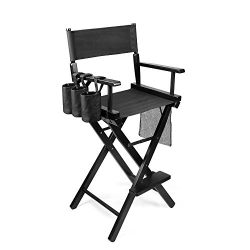 Flexzion Makeup Chair Artist Directors Actor Wood Stool Professional Light Weight Bar Height Seat Foldable with Storage Side Bags and Food Rest Home Furniture in Black