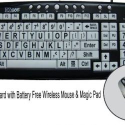 Large Print EZSee by DC - New Improved - USB Wired Computer Keyboard for Low Vision Users- White Keys with Black Letters Bundled With Battery Free Wireless Mouse & Magic Pad