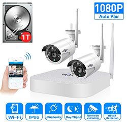 2CH 960P HD Video Wireless Security Camera System,HisEEu Extensible 4 channel 1080P WiFi NVR Kits for 2PCS 1.3MP Wireless Waterproof Bullet IP Cameras,Indoor/Outdoor,WiFi camera, 1TB HDD Pre-installed