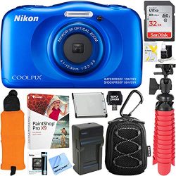 Nikon COOLPIX W100 13.2MP Waterproof Digital Camera (Blue) + 64GB Class 10 UHS-1 SDXC Memory Card + Accessory Bundle