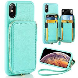 iPhone XS Case, iPhone XS Wallet Case, ZVE iPhone X/XS Case with Credit Card Holder Slot Zipper Pocket Purse Handbag Wrist Strap Protective Cover for Apple iPhone X/XS 5.8 inch -Mint Green