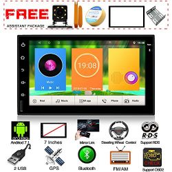Upgraded Android 7.1 Quad Core 7 inch Touch Screen Universal Radio Headunit in Dash Double Din Car Stereo GPS Navigation WiFi Bluetooth Steering Wheel Free Rear Camera Car Tuning Tools