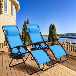 Goplus Zero Gravity Chair Set 2 Pack Adjustable Folding Lounge Recliners for Patio Outdoor Yard Beach Pool w/Cup Holder, 300-lb Weight Capacity (Light Blue)