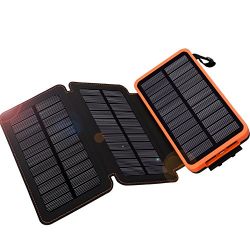 Solar Charger 24000mAh,WBPINE Solar Power Bank Waterproof Dual USB Output with 3 Solar Panels External Battery Bank Flashlights for iPhone 8/X,Samsung S9/Note 8 and More (Orange)