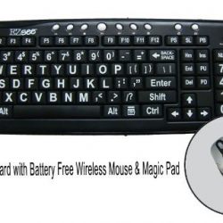 Large Print EZSee by DC - New Improved - USB Wired Computer Keyboard for Low Vision Users- Black Keys with White Letters Bundled With Battery Free Wireless Mouse & Magic Pad