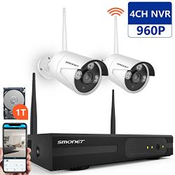 [Better Than 720P] SMONET 2CH 960P HD Wireless Video Security Camera System (WiFi NVR Kits)-2PCS 1.3MP Wireless Waterproof IP Cameras,Plug and Play,65FT Night Vision, 1TB HDD Pre-Installed