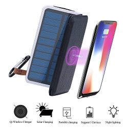 Wireless Charger Solar Power Bank-TJFOREVER 10000mAh Waterproof Solar Charger with QI Fast Wireless Charging Pad,3 Foldable Solar Panels,Dual USB,LED Flashlight for IPhone X/8/8 Plus,S8 (black)