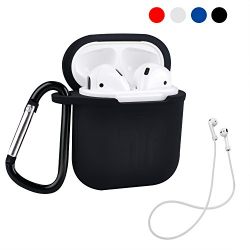 Airpods Case Holder skin, Waterproof Protective Shock Silicone Charging Cover with Anti-Lost Strap and Keychain for Apple Airpod (Black)