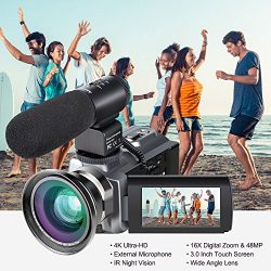 4K Camcorder,Ansteker 48MP 30FPS Ultra HD WiFi Video Camera IR Night Vision Digital Camcorder Portable 3 inch Touch Screen Video Camera Camcorder with External Microphone and Wide Angle Lens