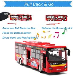 Bocks Pull Back Bus, Alloy Die Cast Toy Vehicles, 9” Model Car, City Bus with Flash Lights Music (Red)