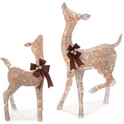 Pre-lit Glittering Champagne Doe and Fawn Deer 2