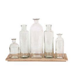 Creative Co-Op Set of 5 Vintage Bottle Vases on Wood Tray