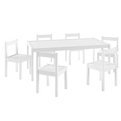 Kid's White Wood Table with 6 Chairs Furniture Set