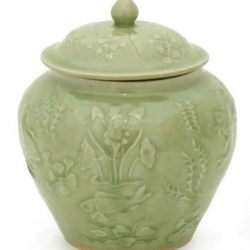 NOVICA Decorative Floral Ceramic Jar, Green, Lotus Pond'