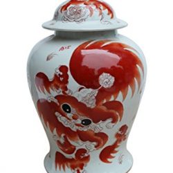 Asian Traditional Chinese Orange Lion Temple Jar Ceramic