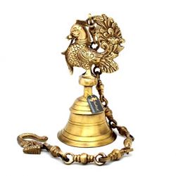 Handecor Vintage Brass Temple Bell With Peacock On Chain