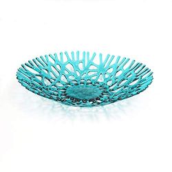 Lacy Glass Art Sea Coral Fruit Bowl Centerpiece in Aqua Blue Green