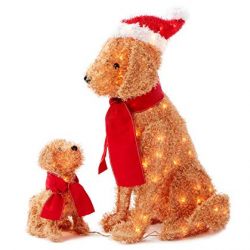 Set of 2 Fuzzy Lighted Dogs Mama & Puppy Display Outdoor