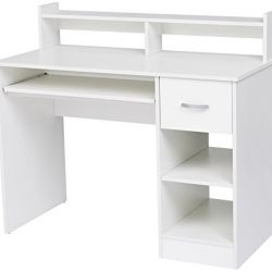 Compact Rockpoint Kora Computer Desk with Daisy White Finish, Adjustable Shelf, and Keyboard Tray 